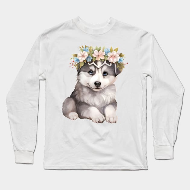 Watercolor Siberian Husky Dog with Head Wreath Long Sleeve T-Shirt by Chromatic Fusion Studio